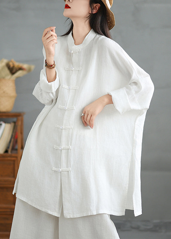 White Cotton Shirt Top Stand Collar Chinese Button Spring