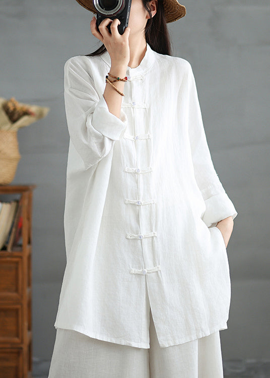 White Cotton Shirt Top Stand Collar Chinese Button Spring