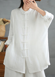 White Cotton Shirt Top Stand Collar Chinese Button Spring