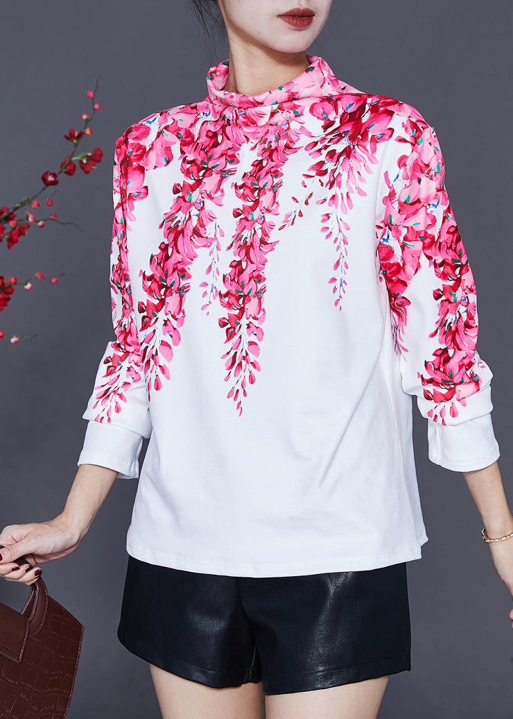 White Cotton Shirt Turtle Neck Floral Print Spring