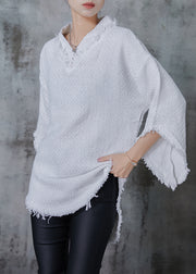 White Cotton Top V Neck Tasseled Flare Sleeve