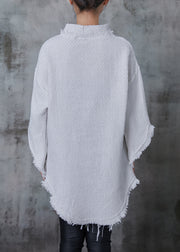 White Cotton Top V Neck Tasseled Flare Sleeve