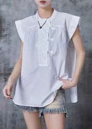 White Cotton Tops Oversized Chinese Button Summer