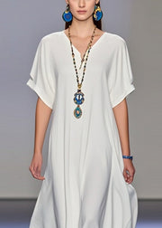 White Draping Chiffon Holiday Dress V Neck Summer