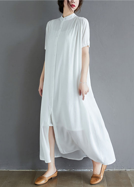 White Draping Cotton Holiday Dress Stand Collar Oversized Summer