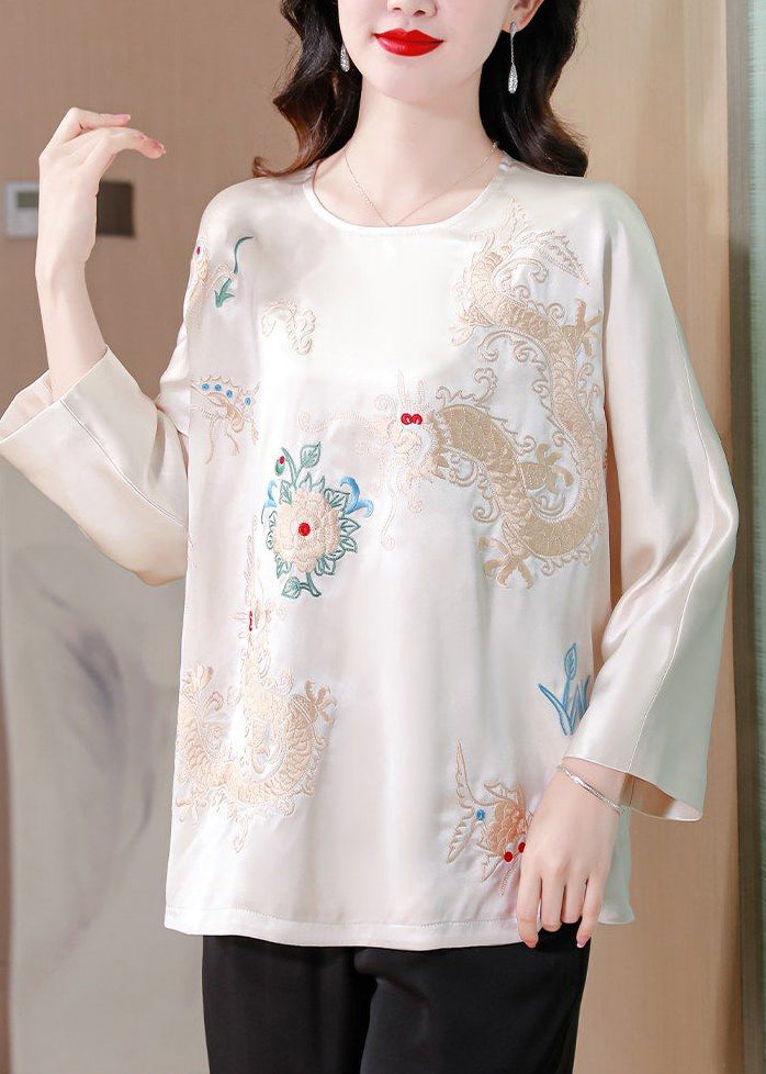 White Draping Silk Blouses Embroidered Spring