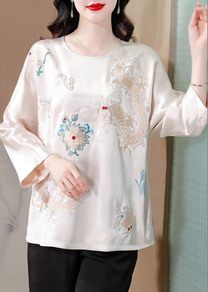 White Draping Silk Blouses Embroidered Spring
