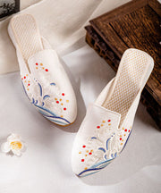 White Embroideried Cotton Fabric Chinese Style Splicing Flat Slide Sandals