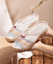 White Embroideried Slide Sandals Retro Splicing Linen Fabric