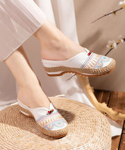 White Embroideried Slide Sandals Retro Splicing Linen Fabric