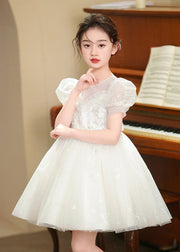 White Embroideried Tulle Baby Girls Party Dress Puff Sleeve Summer