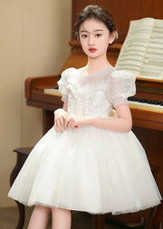 White Embroideried Tulle Baby Girls Party Dress Puff Sleeve Summer