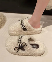 White Faux Fur Slippers Shoes Fashion Splicing Nail Bead