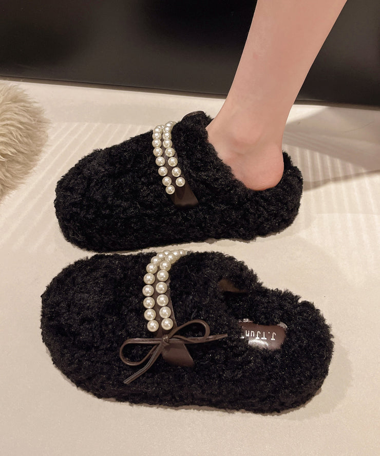 White Faux Fur Slippers Shoes Fashion Splicing Nail Bead