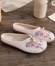 White Flat Slide Sandals Women Cotton Fabric Soft Splicing Embroideried