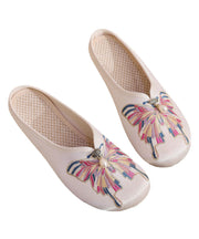 White Flat Slide Sandals Women Cotton Fabric Soft Splicing Embroideried