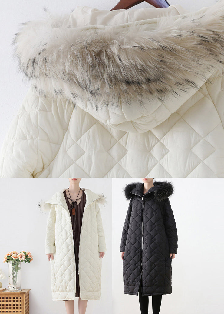 White Fur Collar Zippered Thick Hooded Parka Winter