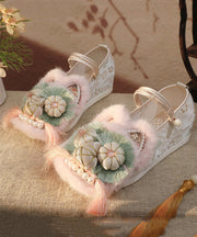 White Fur Splicing Embroidery Wedge High Wedge Heels Shoes