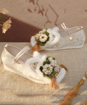 White Fur Splicing Embroidery Wedge High Wedge Heels Shoes