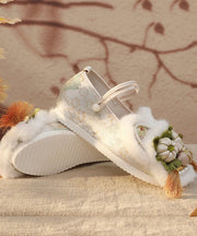 White Fur Splicing Embroidery Wedge High Wedge Heels Shoes