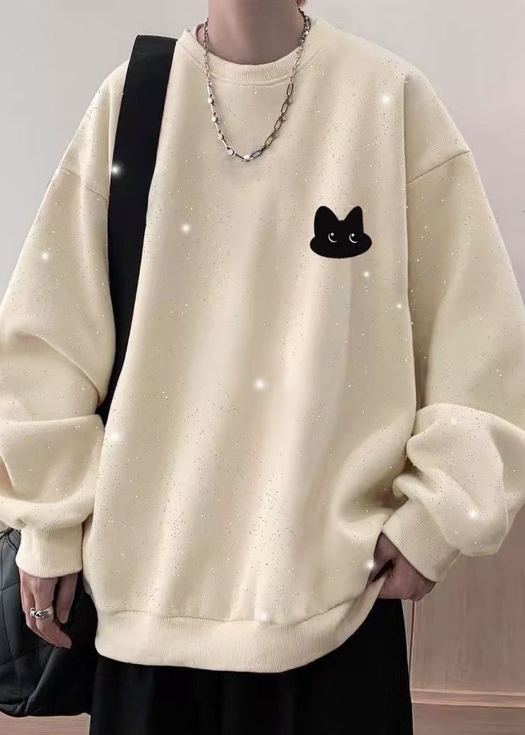 White Gypsophila Sequins Cotton Men Sweatshirt O Neck Spring