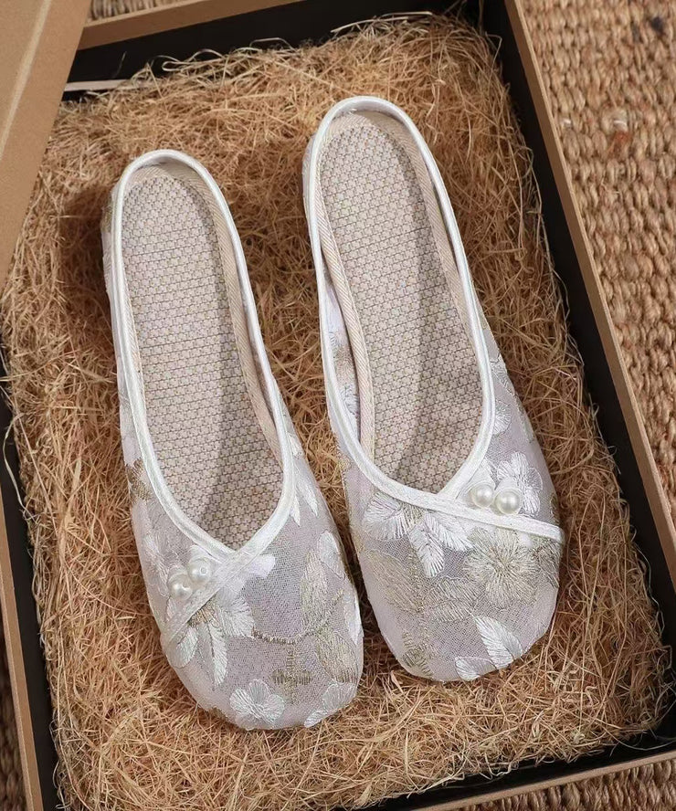 White Hollow Out Breathable Mesh Embroidery Slippers Shoes