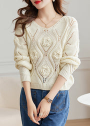 White Hollow Out Cozy Knit Fall Sweater O Neck