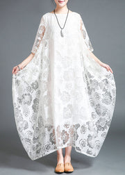 White Hollow Out Lace Vacation Long Dresses Half Sleeve