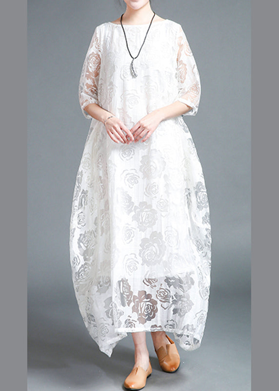 White Hollow Out Lace Vacation Long Dresses Half Sleeve