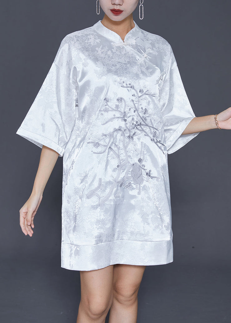 White Jacquard Silk Chinese Style Dress Embroidered Half Sleeve