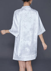 White Jacquard Silk Chinese Style Dress Embroideried Half Sleeve