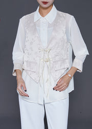 White Jacquard Silk Fake Two Piece Shirt Top Chinese Button Tasseled Fall