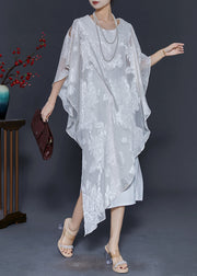 White Jacquard Silk Holiday Dress Asymmetrical Summer