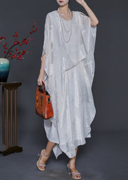 White Jacquard Silk Long Dress Cold Shoulder Summer