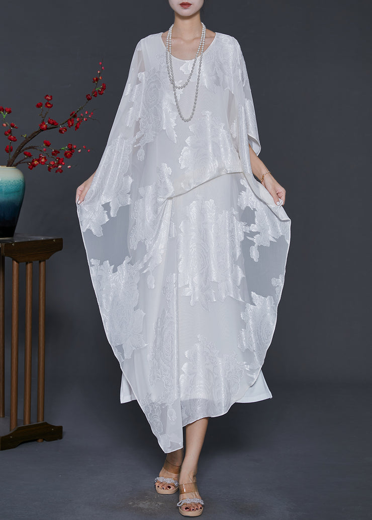 White Jacquard Silk Long Dress Cold Shoulder Summer