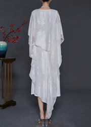 White Jacquard Silk Long Dress Cold Shoulder Summer