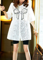 White Lace Nail Bead Patchwork Cotton Shirt Tops Hollow Out Summer