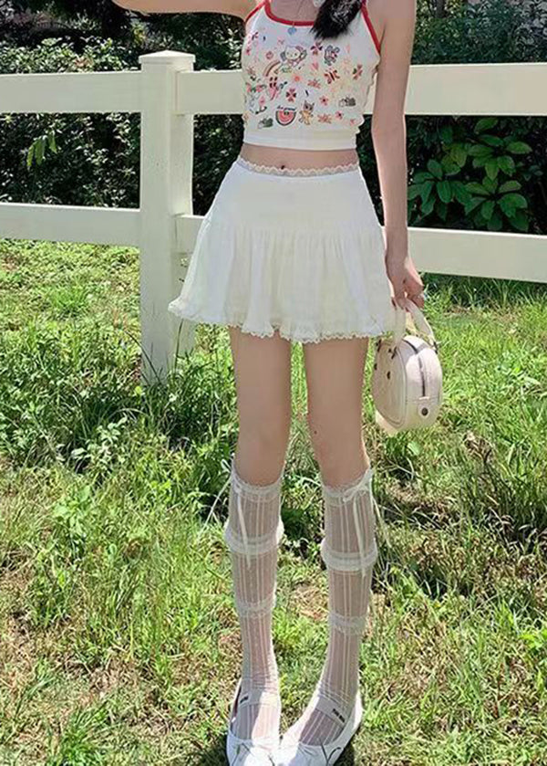 White Lace Pleated Short Skirt New For Summer 2024