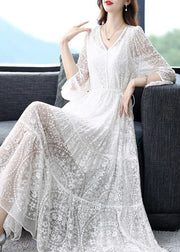 White Lace Up Nail Bead Long Dresses V Neck Summer