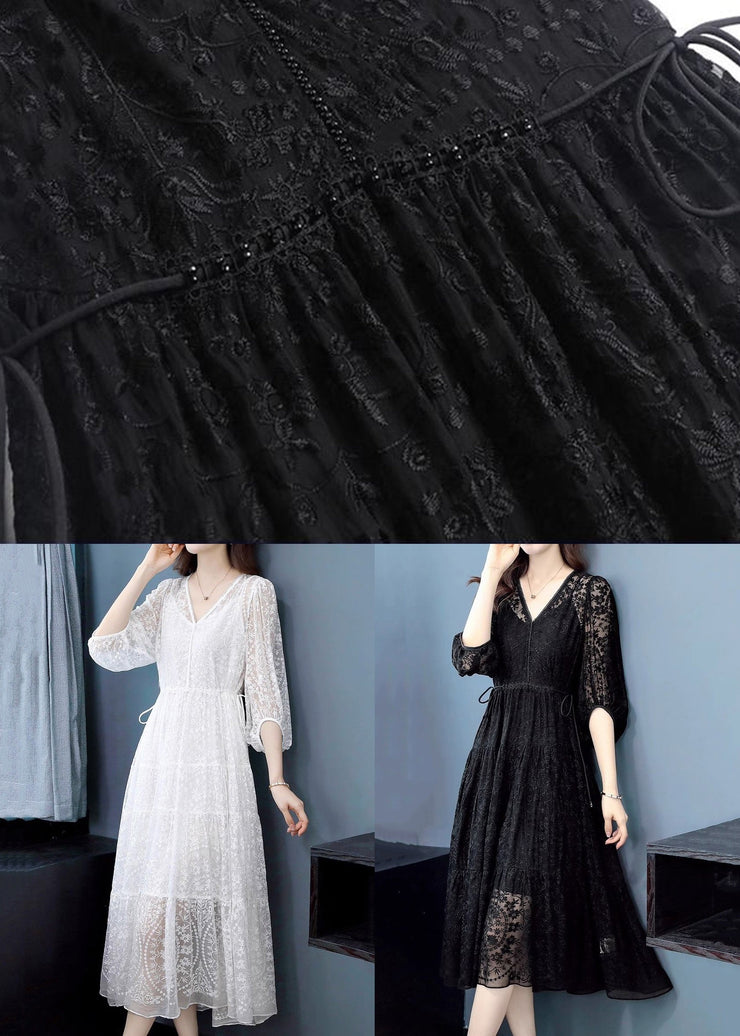 White Lace Up Nail Bead Long Dresses V Neck Summer