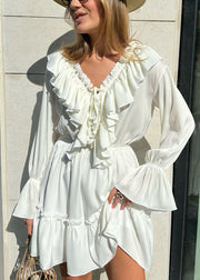 White Lace Up Solid Cotton Mid Dress Ruffled Spring