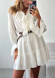 White Lace Up Solid Cotton Mid Dress Ruffled Spring