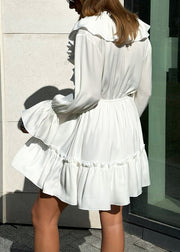 White Lace Up Solid Cotton Mid Dress Ruffled Spring