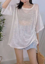 White Lace Up Thin Ice Silk Knit Top O Neck Half Sleeve