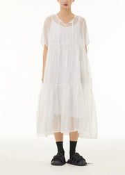 White Lace Up Tulle Long Dress Two Pieces Set Exra Large Hem Summer