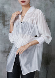 White Linen Shirt Tops Asymmetrical Side Open Summer