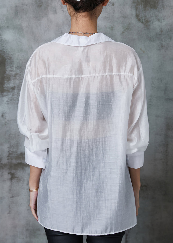 White Linen Shirt Tops Asymmetrical Side Open Summer