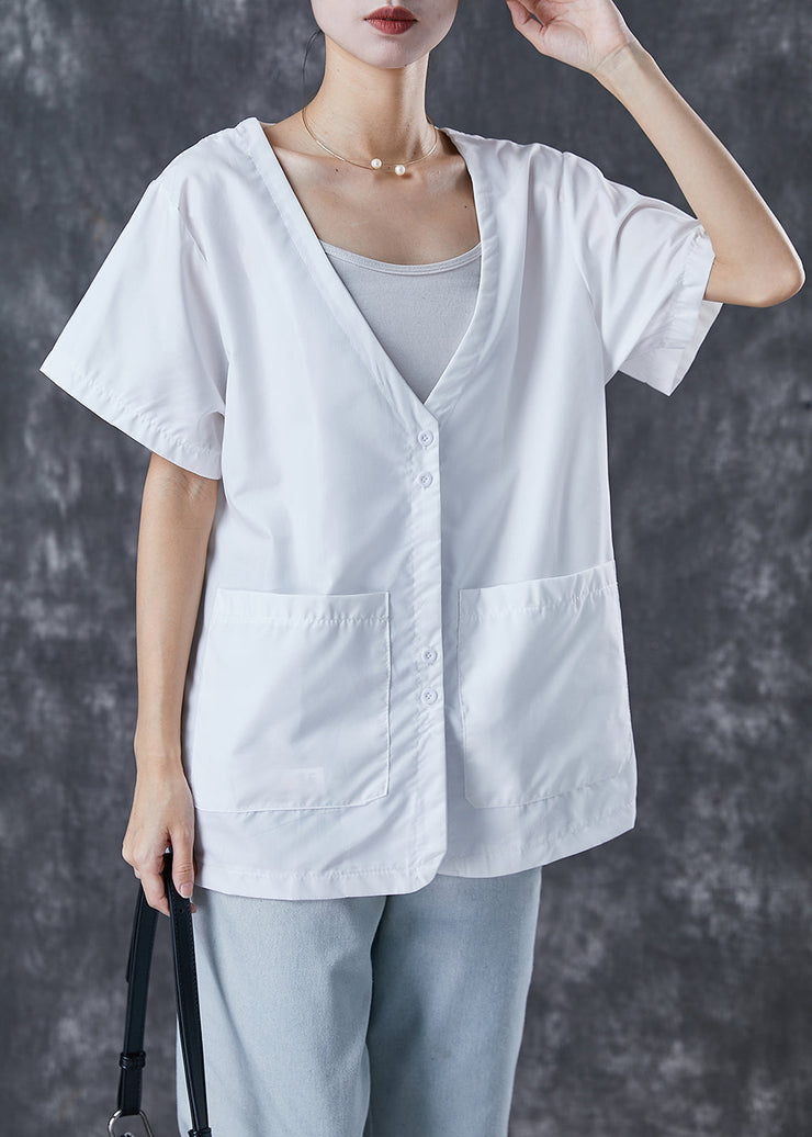 White Loose Cotton Blouses V Neck Pockets Summer