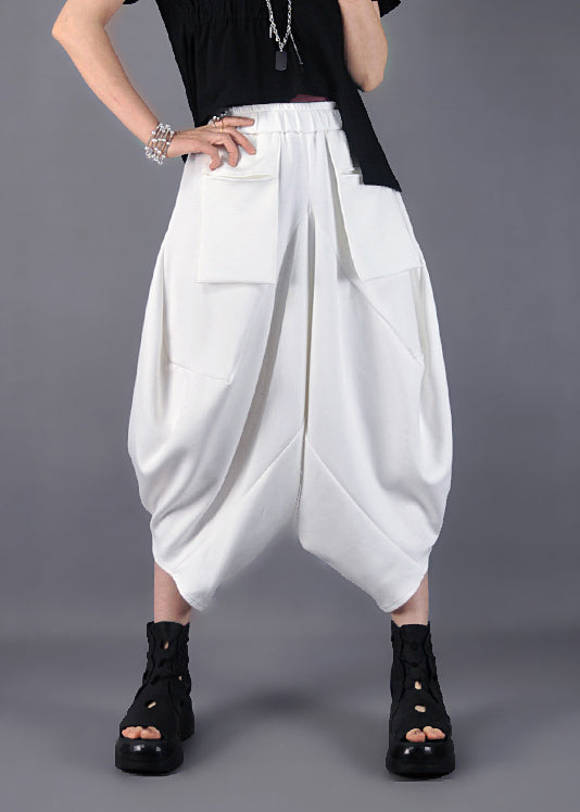 White Loose Cotton Pants Asymmetrical Design Spring