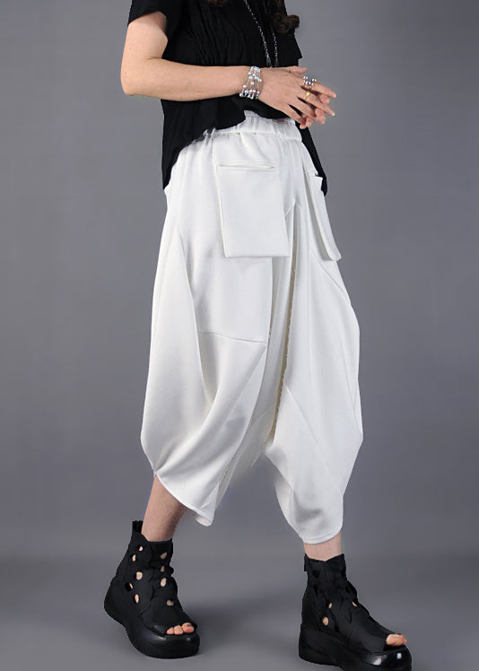 White Loose Cotton Pants Asymmetrical Design Spring